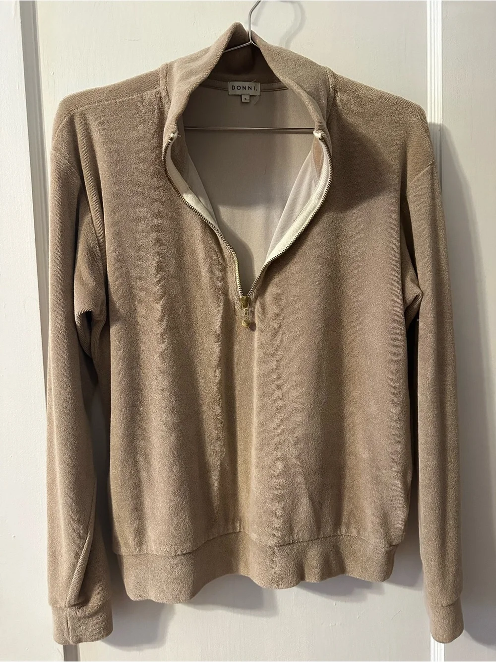 DONNI. Taupe Half-Zip Terry Sweater, size Small